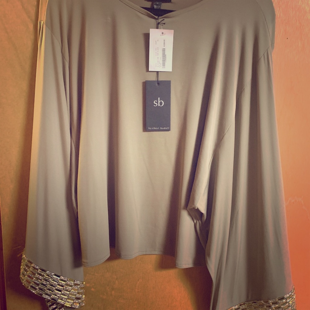 Sheri Bodell flowy beige jewel trim formal blouse